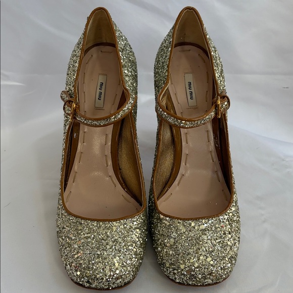 Miu Miu Gold Glitter Mary Jane Block Heels – Size 37.5 - Picture 15 of 15